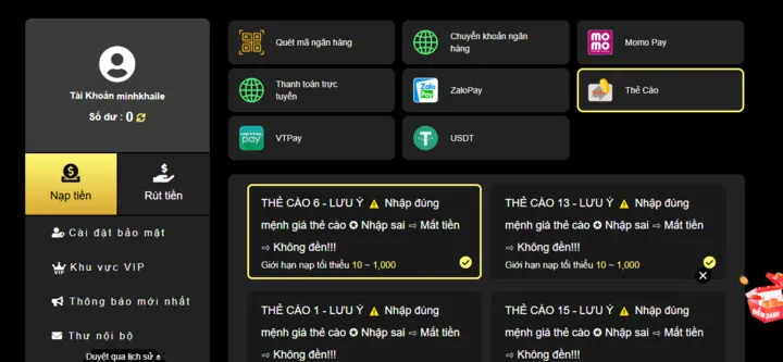 Hướng dẫn cách nạp tiền King88